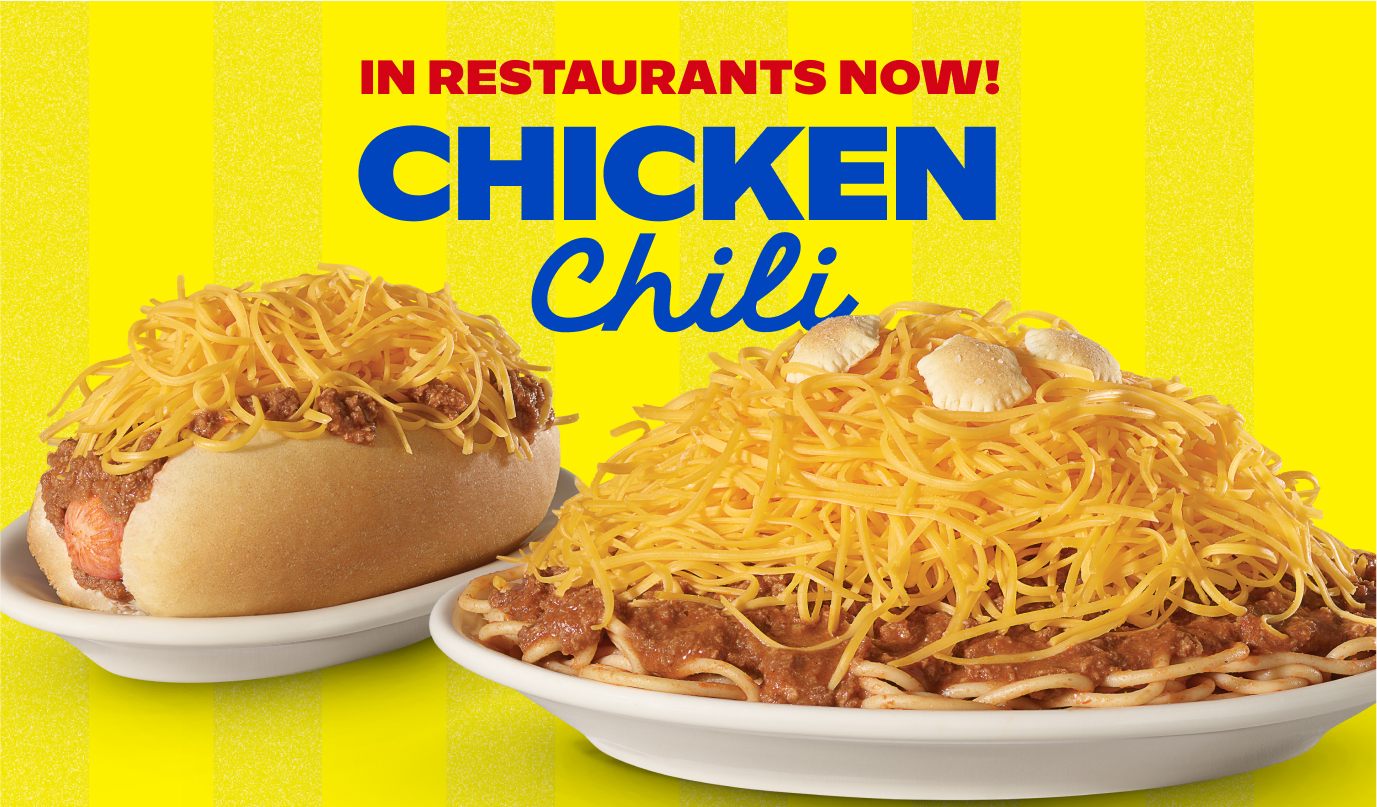 Image of a 4 way and coney both with new chicken chili. Image says 