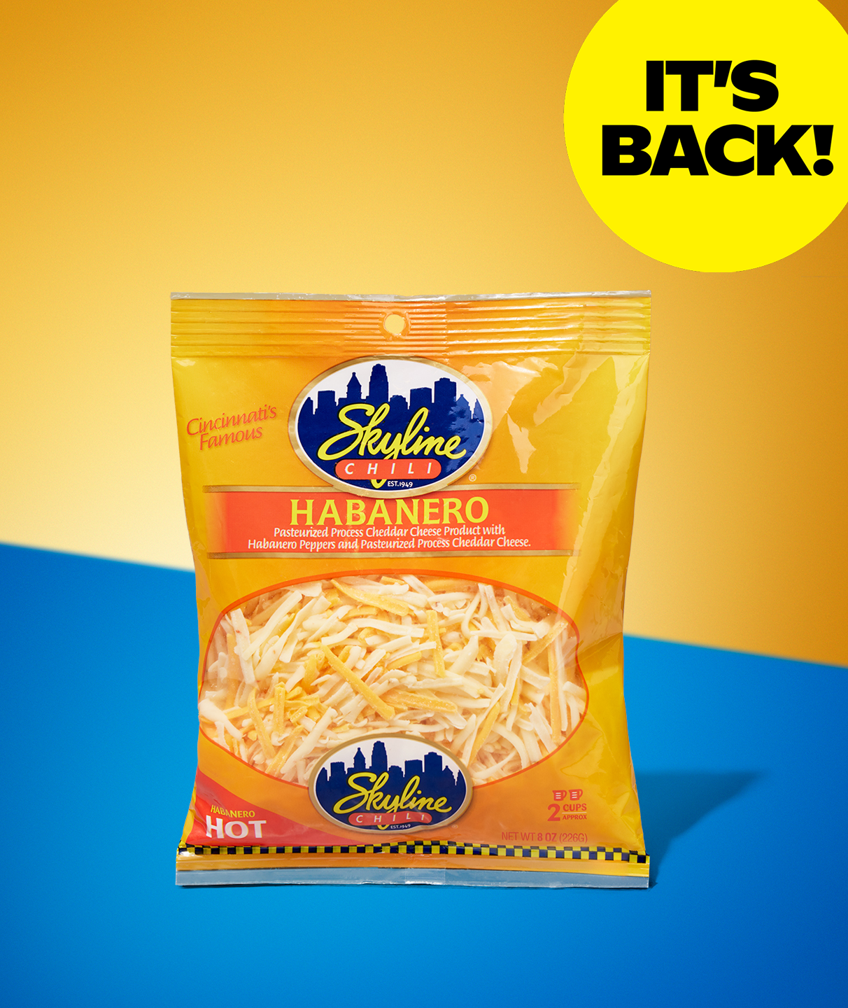 8 oz grocery store bag of Habanero Cheese with the words It's Back